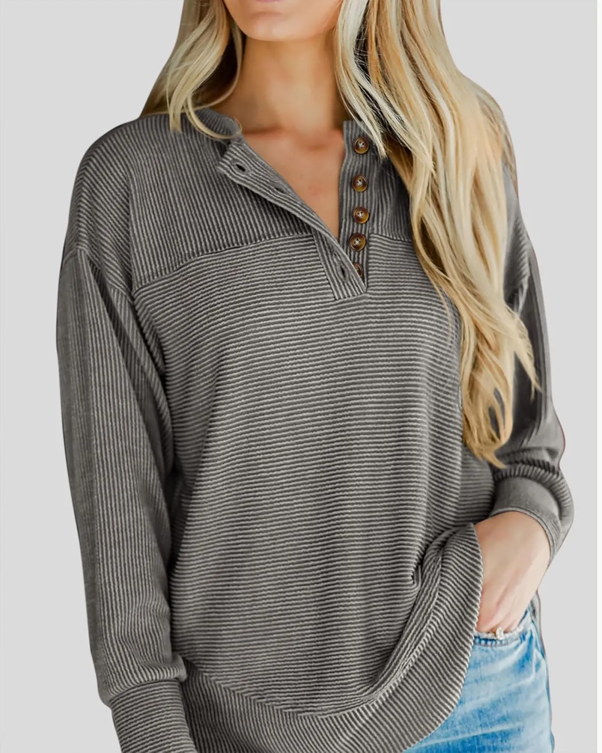 KIRUNDO Spring Tops for Women Henley Shirts 2025 Ribbed Knit Long Sleeve Tunic Button V Neck Loose Casual Blouse Clothing