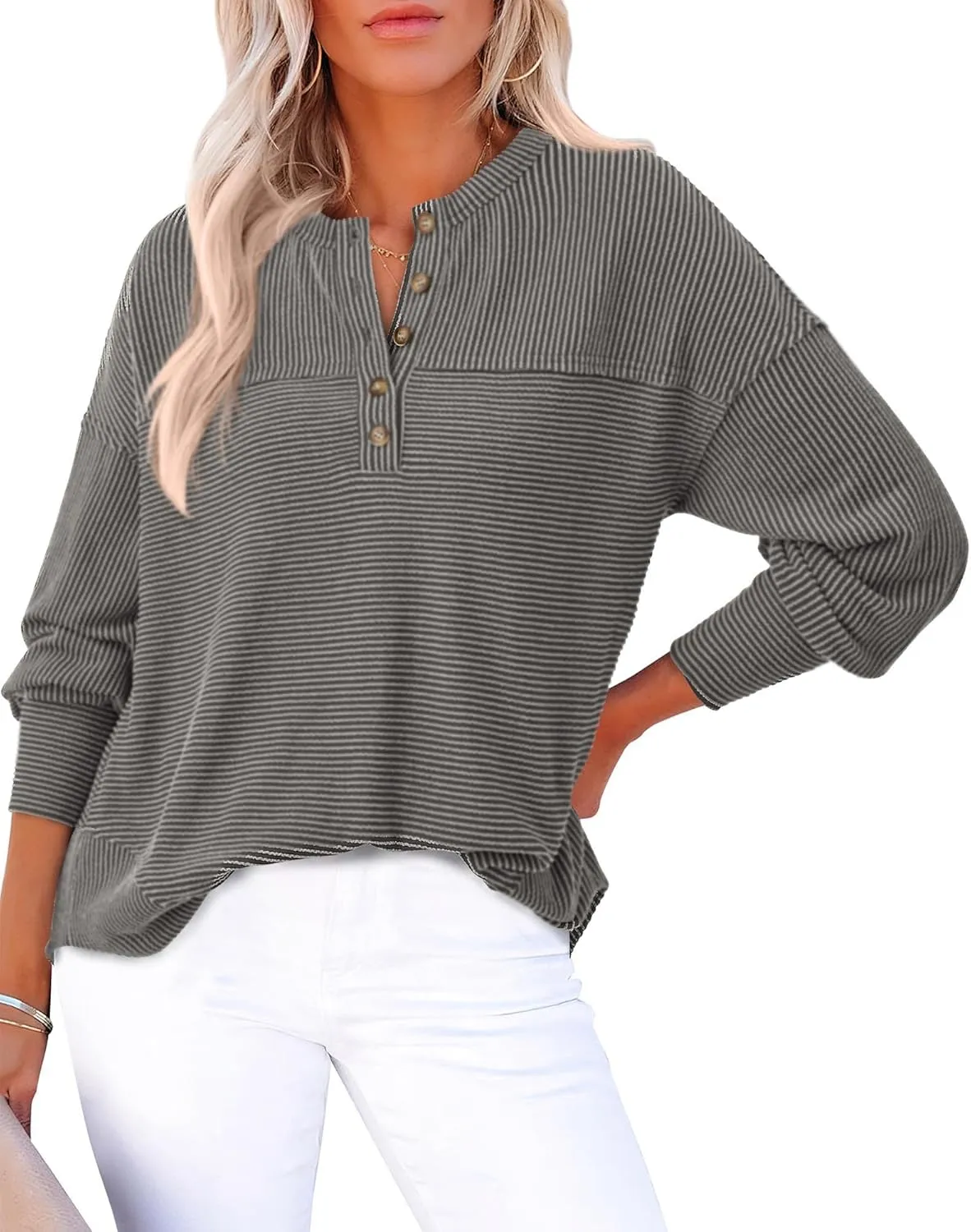 KIRUNDO Spring Tops for Women Henley Shirts 2025 Ribbed Knit Long Sleeve Tunic Button V Neck Loose Casual Blouse Clothing