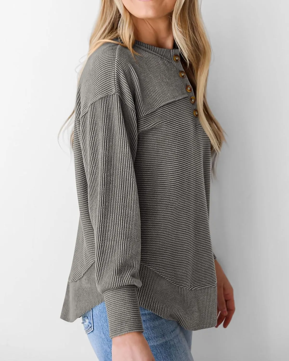 KIRUNDO Spring Tops for Women Henley Shirts 2025 Ribbed Knit Long Sleeve Tunic Button V Neck Loose Casual Blouse Clothing