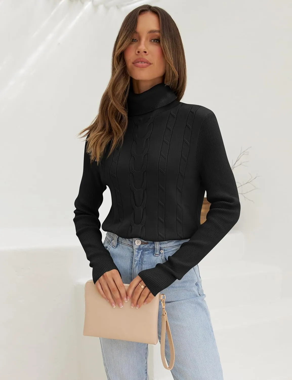 LEANI Womens 2025 Turtleneck Sweaters Cable Knit Long Sleeve Pullover Sweater Jumper