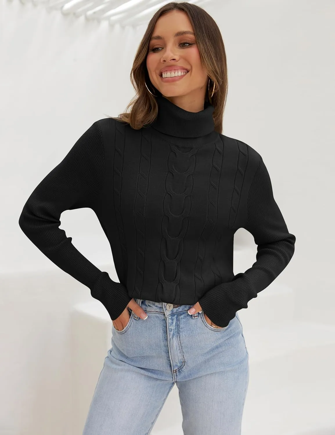 LEANI Womens 2025 Turtleneck Sweaters Cable Knit Long Sleeve Pullover Sweater Jumper