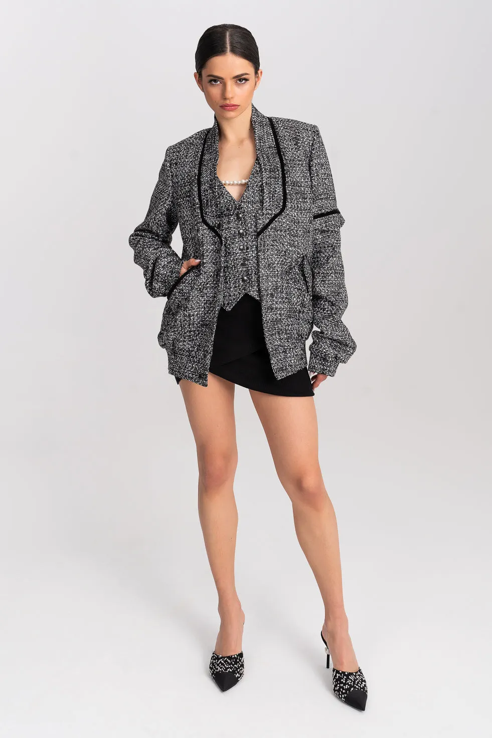 'LINA' TWEED VEST BOMBER JACKET