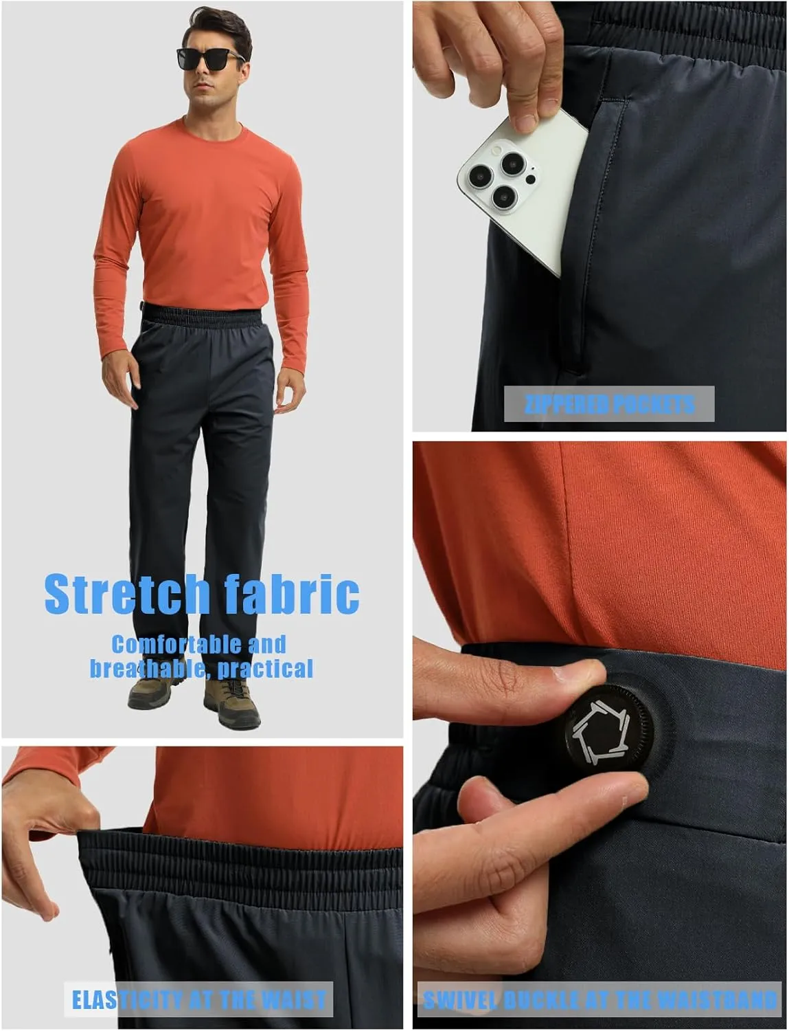 Mens Track Pants Quick Dry Lightweight Joggers Athletic Running Pants Zipper Pockets