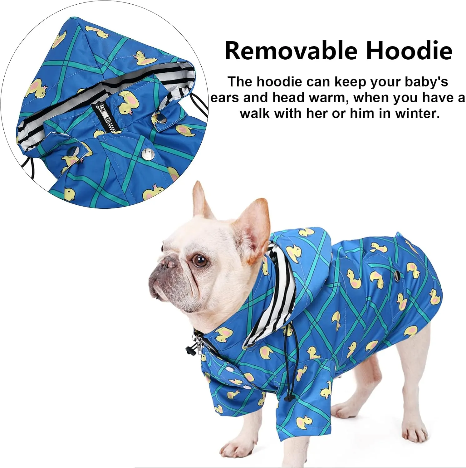Morezi Dog Zip Up Raincoat with Reflective Buttons, Rain/Water Resistant, Adjustable Drawstring, Removable Hood, Raincoats with Legs 8lbs to 80lbs Available - Grid Blue - Medium