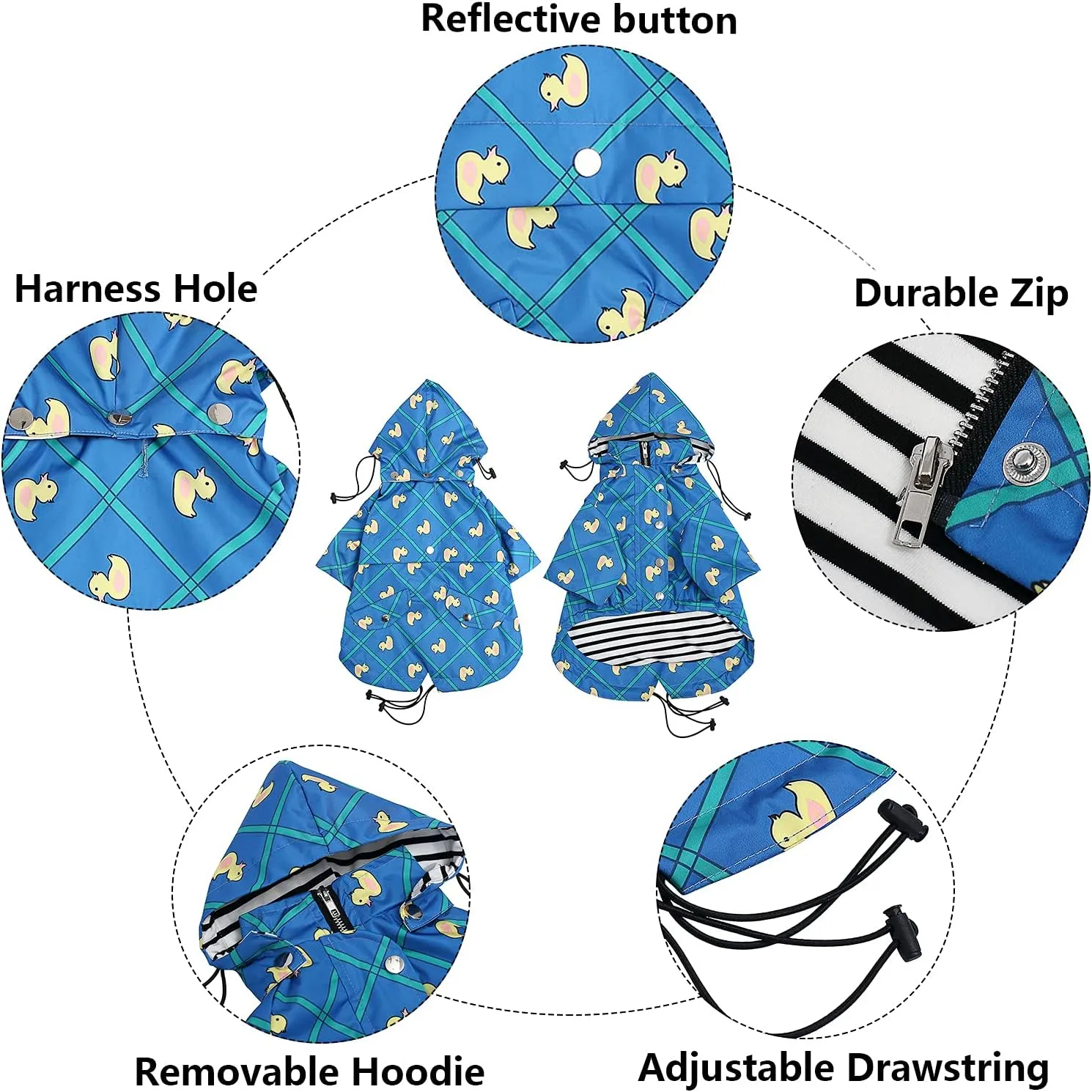 Morezi Dog Zip Up Raincoat with Reflective Buttons, Rain/Water Resistant, Adjustable Drawstring, Removable Hood, Raincoats with Legs 8lbs to 80lbs Available - Grid Blue - Medium