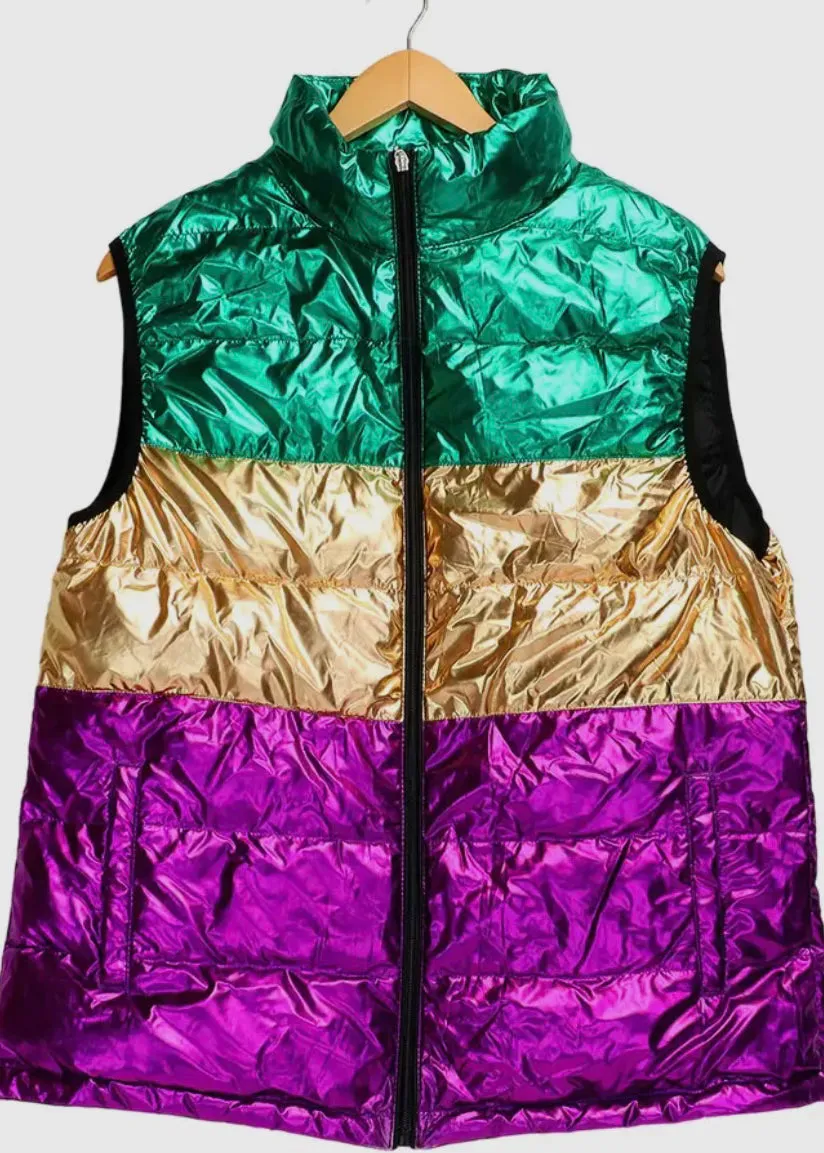 One Size Mardi Gras Color Block Puffer Vest