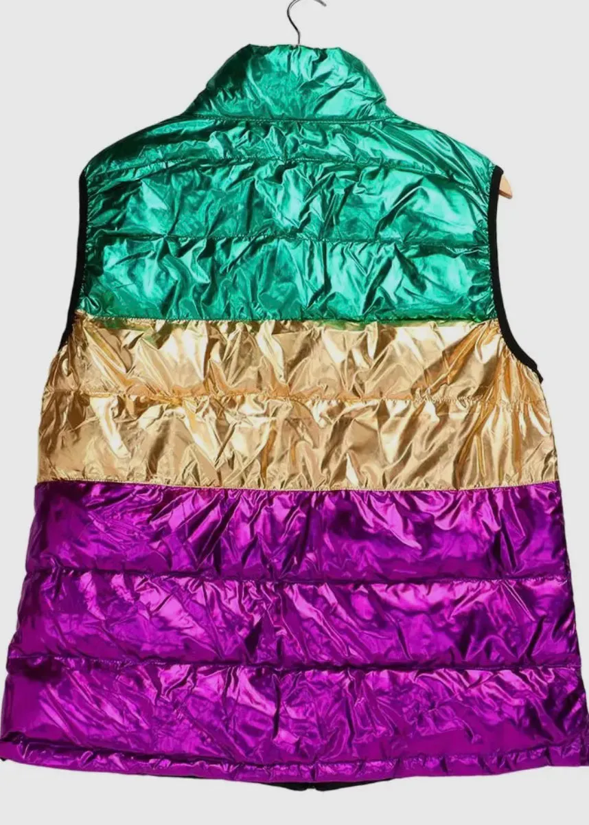 One Size Mardi Gras Color Block Puffer Vest