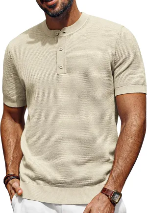 PJ PAUL JONES Mens Tees Short Sleeve Crewneck Henley Shirts Knitted Textured Shirt Solid T-Shirts Summer Top