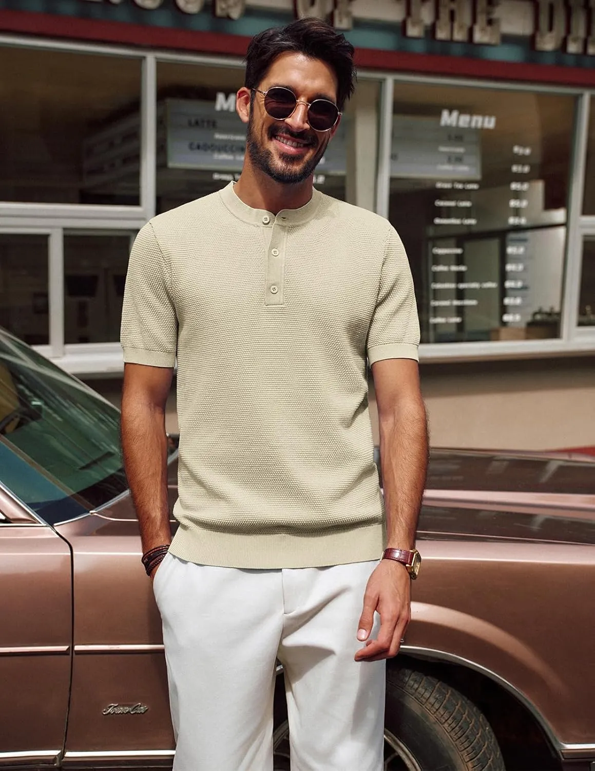 PJ PAUL JONES Mens Tees Short Sleeve Crewneck Henley Shirts Knitted Textured Shirt Solid T-Shirts Summer Top