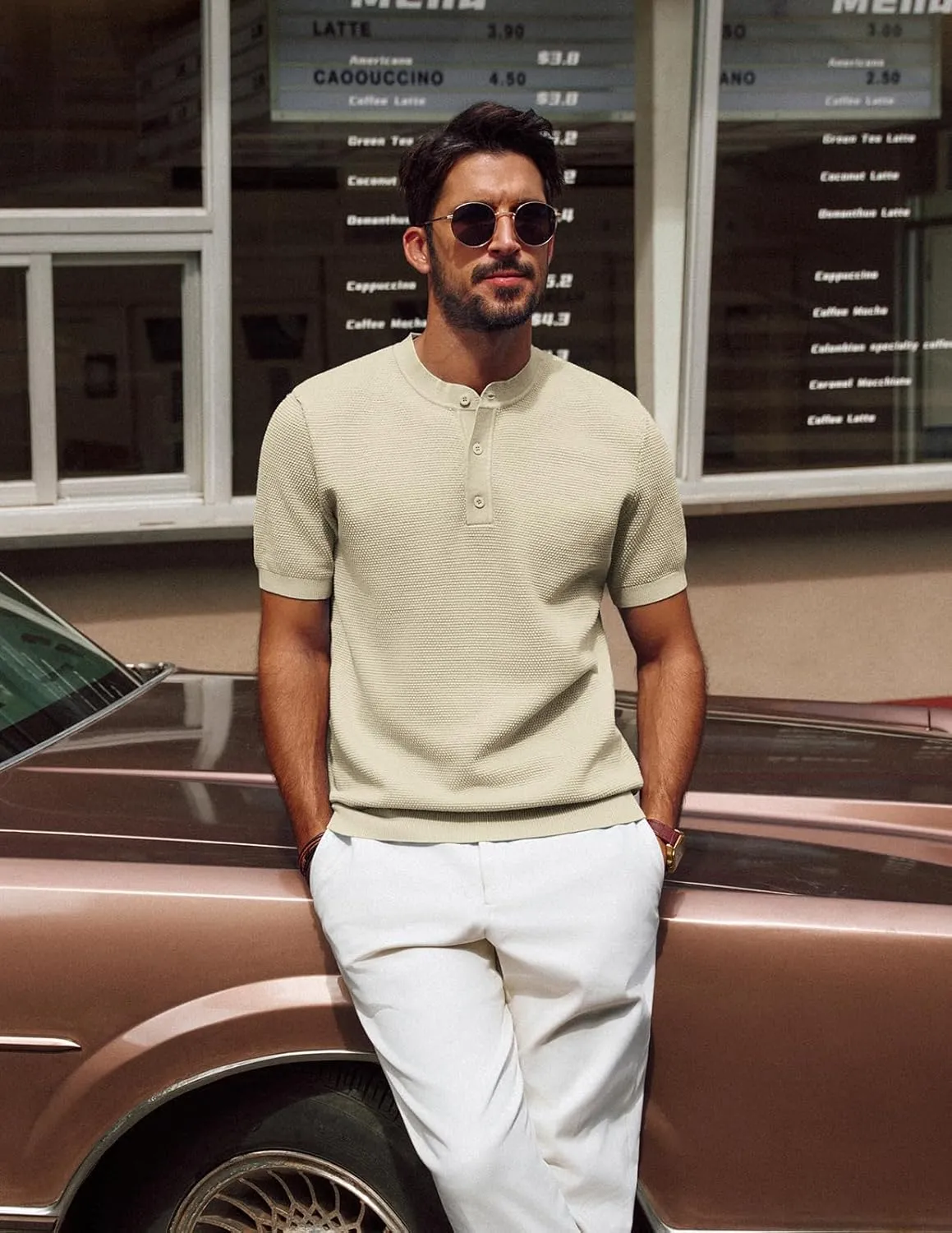PJ PAUL JONES Mens Tees Short Sleeve Crewneck Henley Shirts Knitted Textured Shirt Solid T-Shirts Summer Top