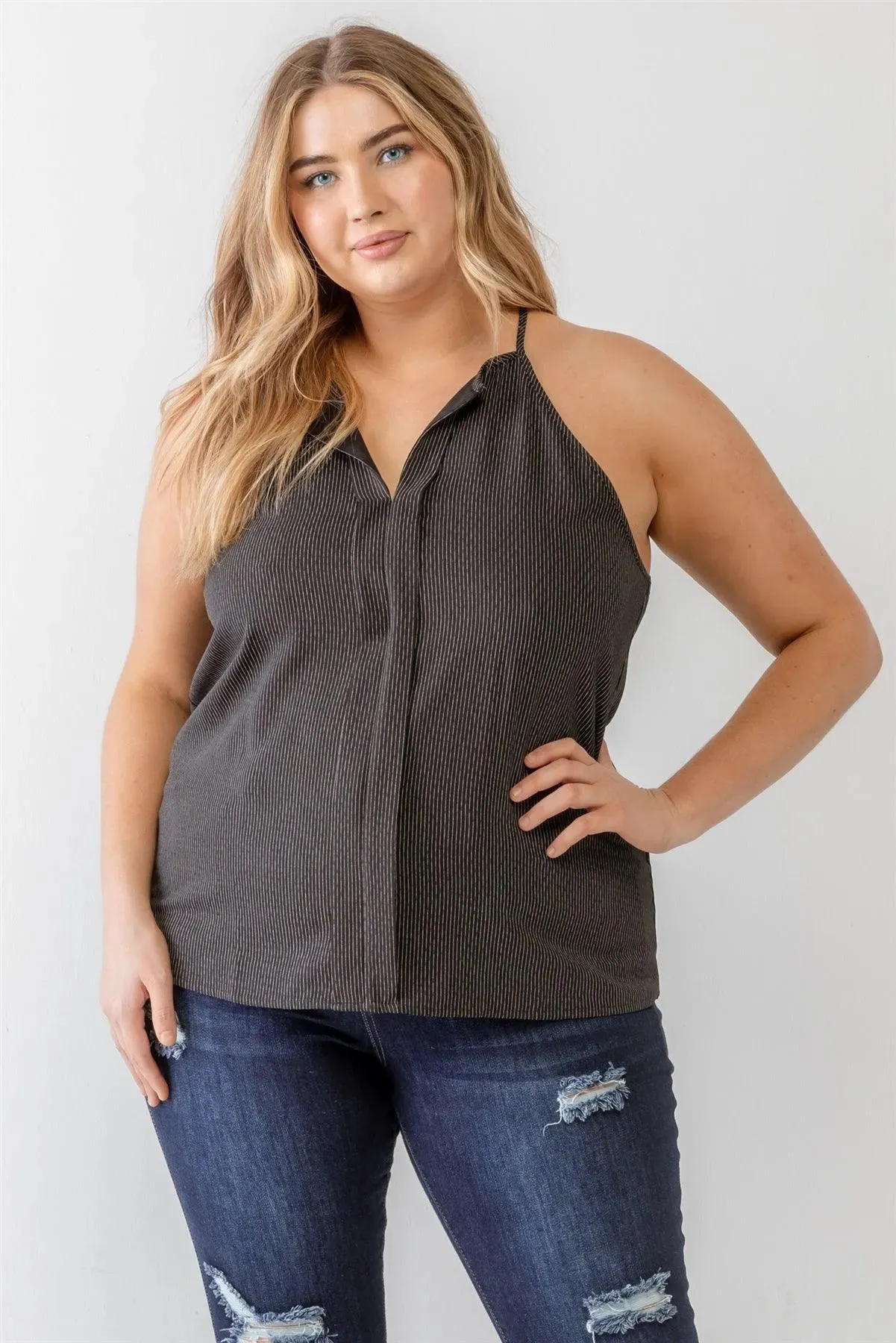Plus Size Black Striped Print Sleeveless Strappy Tank Top