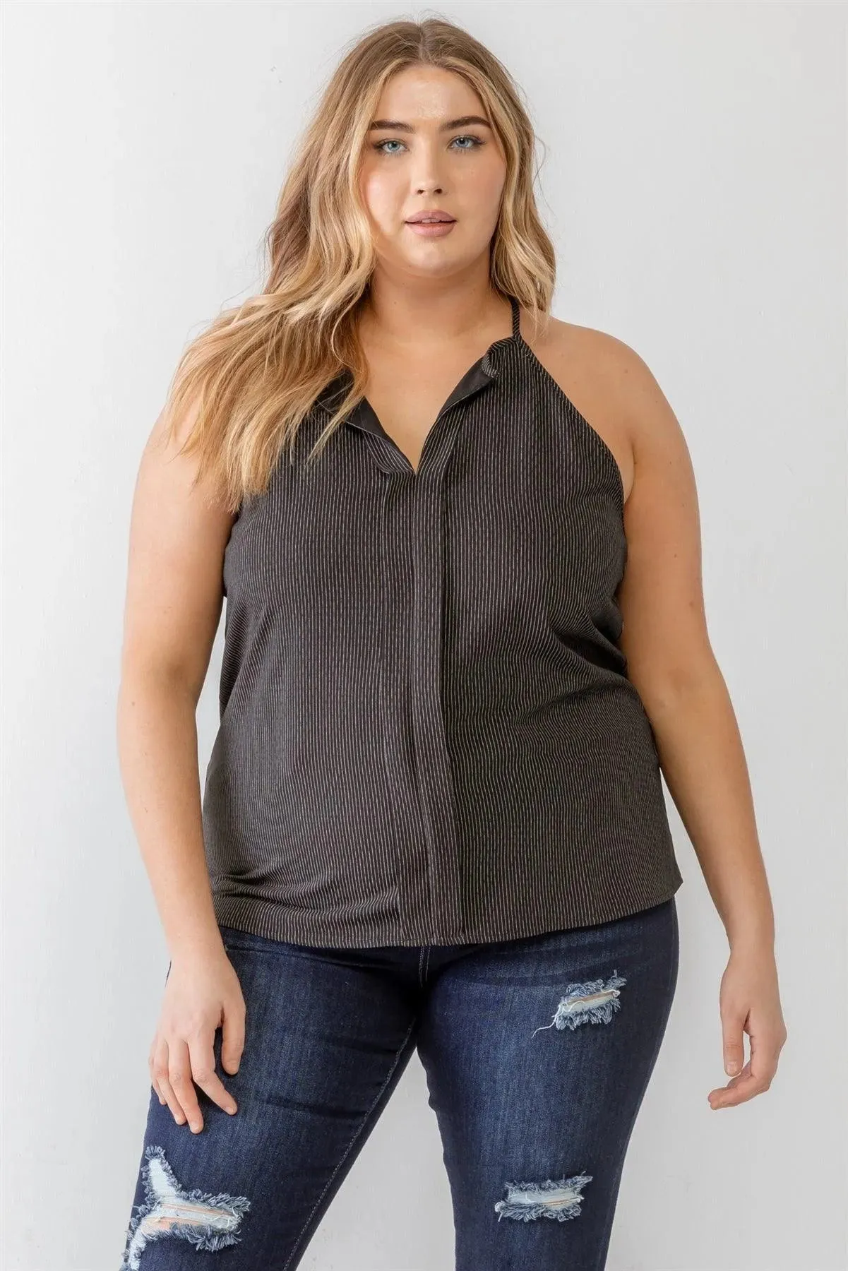 Plus Size Black Striped Print Sleeveless Strappy Tank Top