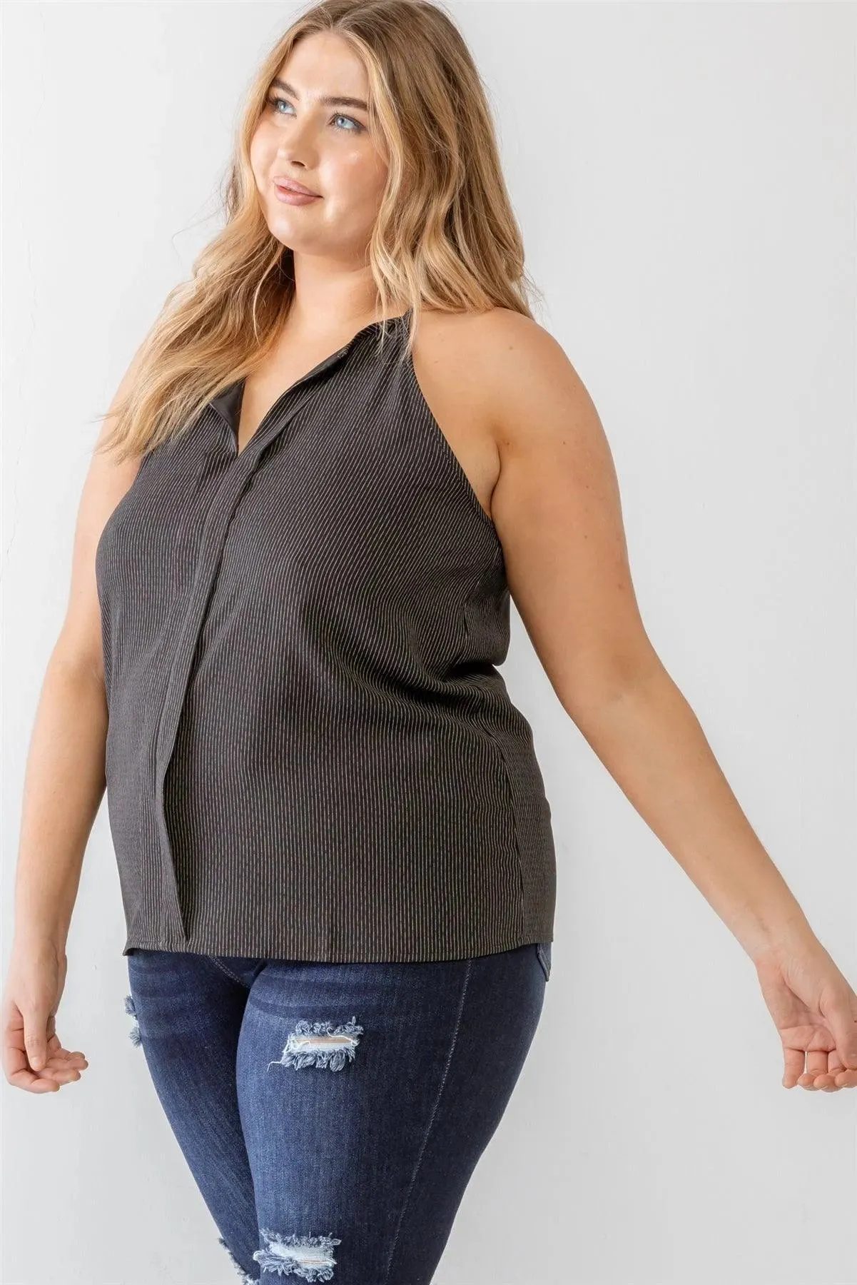 Plus Size Black Striped Print Sleeveless Strappy Tank Top