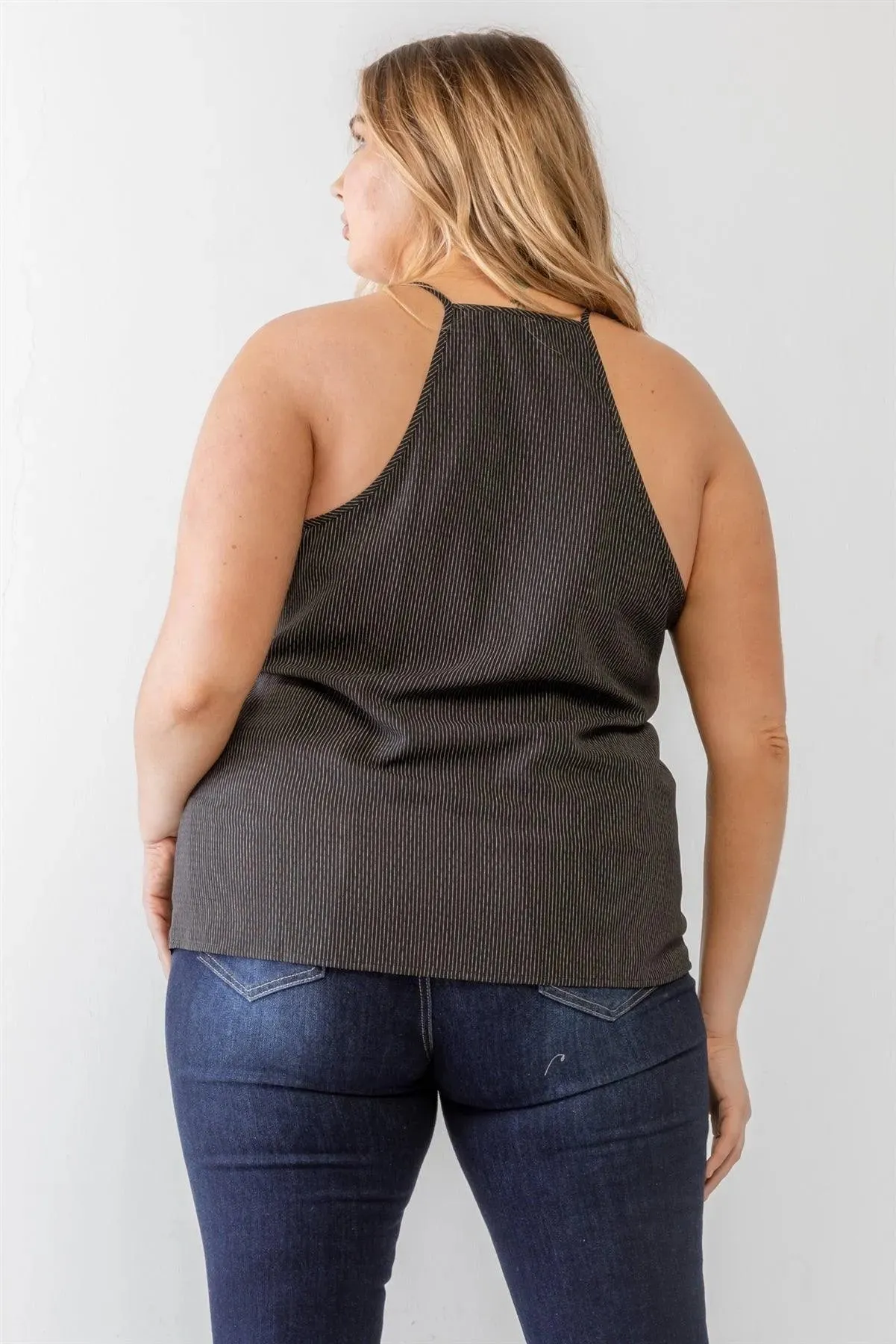 Plus Size Black Striped Print Sleeveless Strappy Tank Top