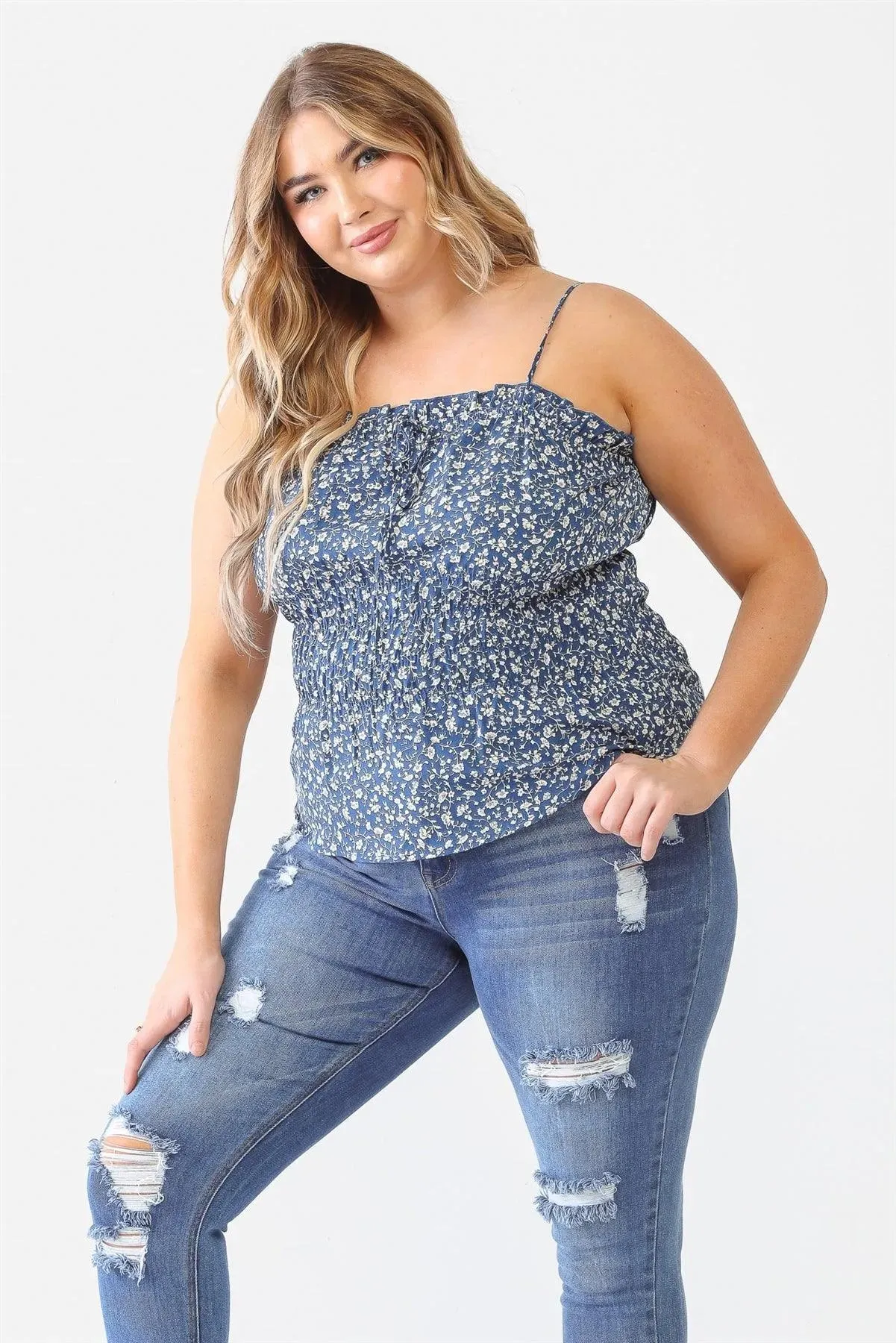 Plus Size Blue Floral Ruffle Smocked Strappy Top
