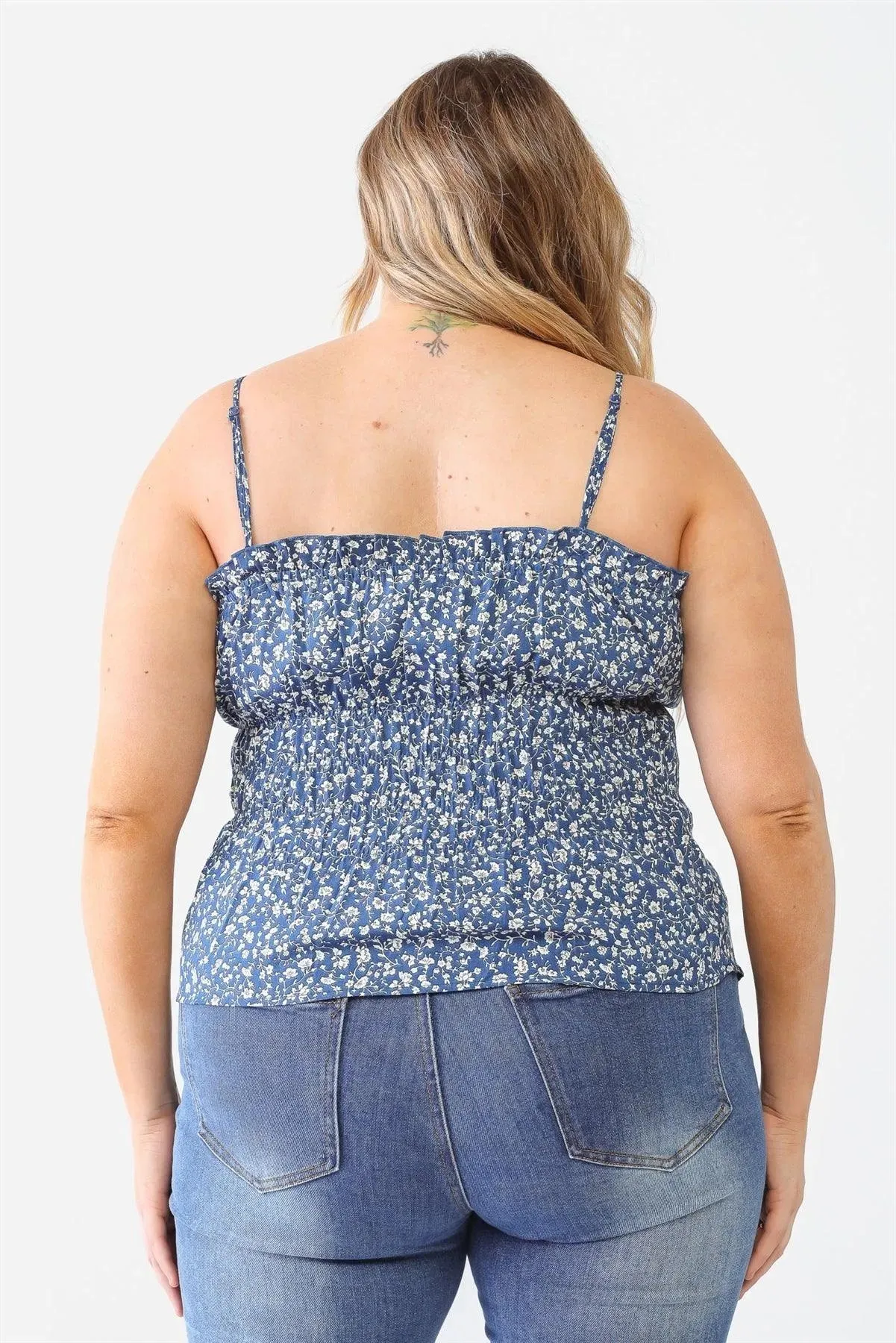 Plus Size Blue Floral Ruffle Smocked Strappy Top
