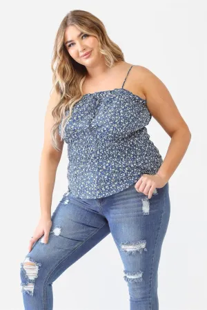 Plus Size Blue Floral Ruffle Smocked Strappy Top