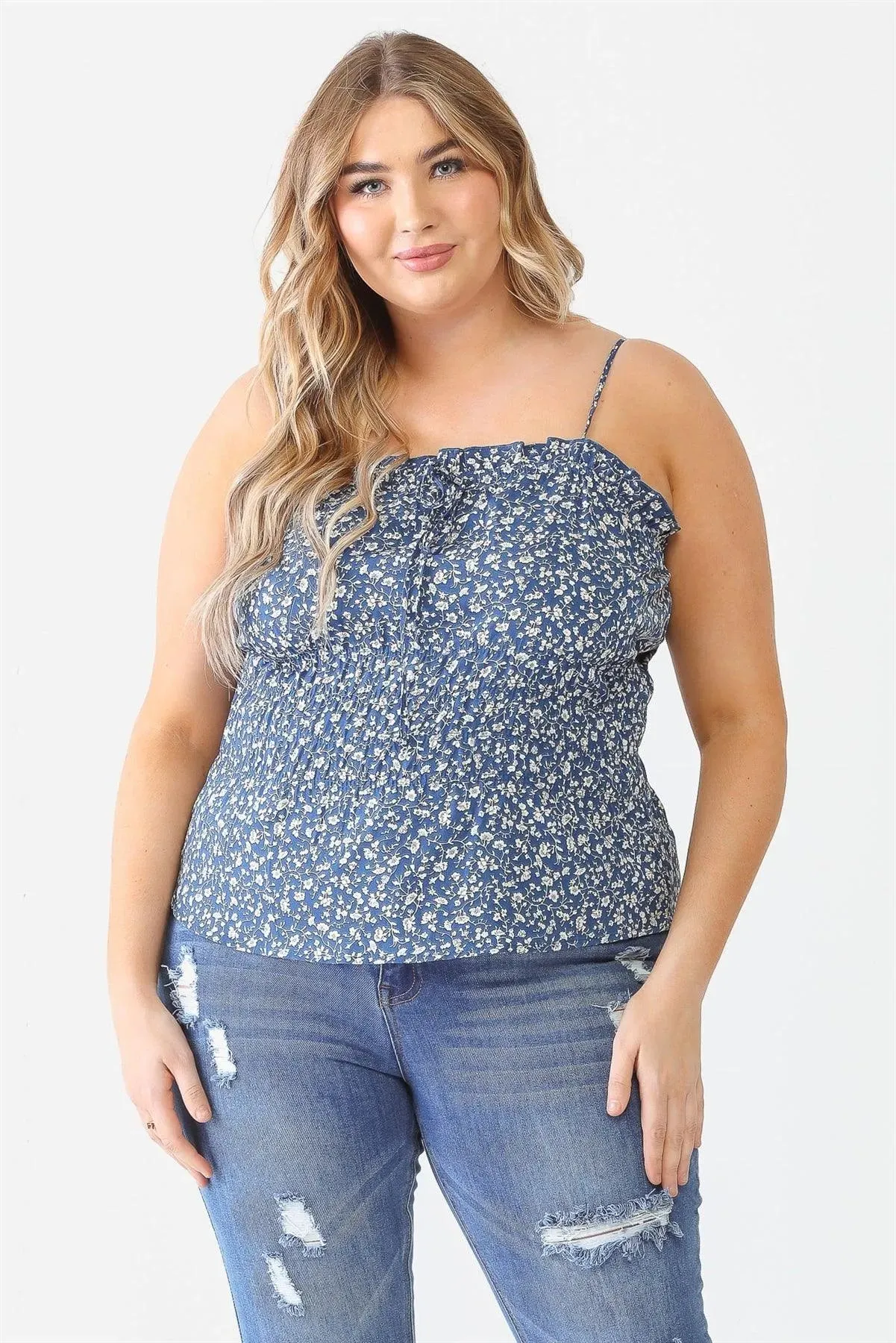 Plus Size Blue Floral Ruffle Smocked Strappy Top