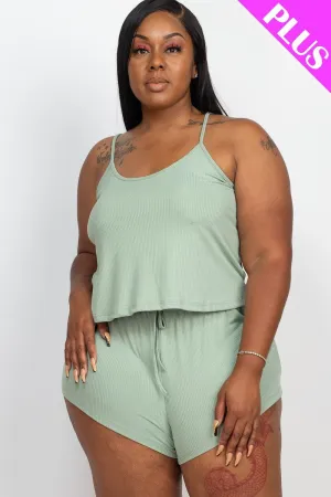 Plus Size Green Bay  Ribbed Strappy Top And Shorts Set