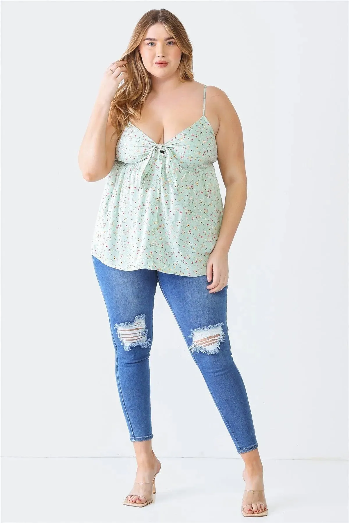 Plus Size Sage Floral Button-Up Sleeveless Back Tie Top