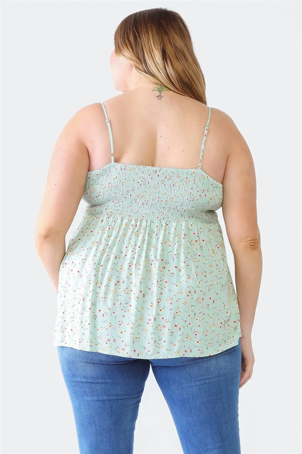 Plus Size Sage Floral Button-Up Sleeveless Back Tie Top