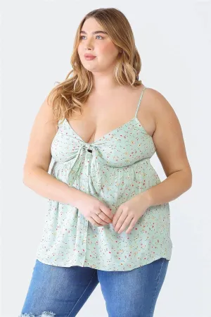 Plus Size Sage Floral Button-Up Sleeveless Back Tie Top