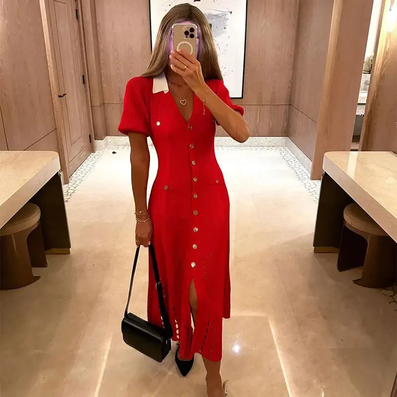 Ribbed Contrast Collar Short Sleeve Buttoned Midi Dress
