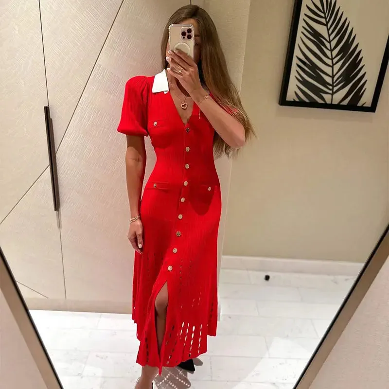 Ribbed Contrast Collar Short Sleeve Buttoned Midi Dress