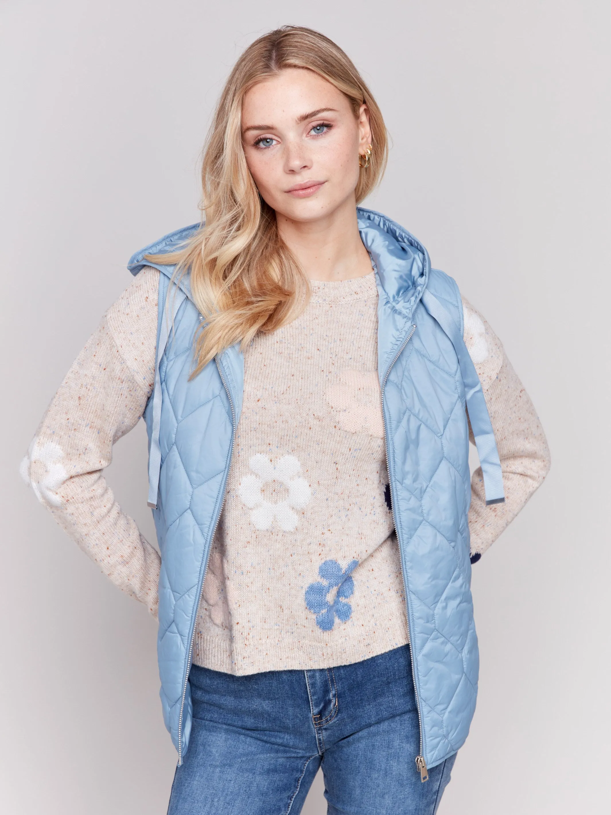 Short Quilted Puffer Vest With Hood - Frost