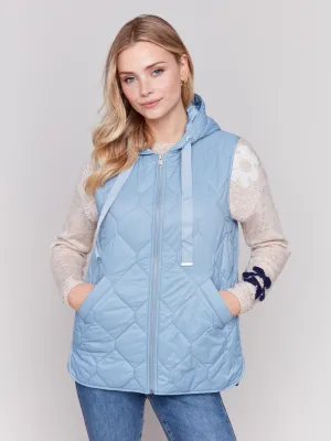Short Quilted Puffer Vest With Hood - Frost