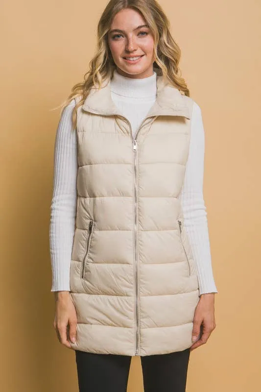 Sleeveless Longline Puffer Vest: BLACK