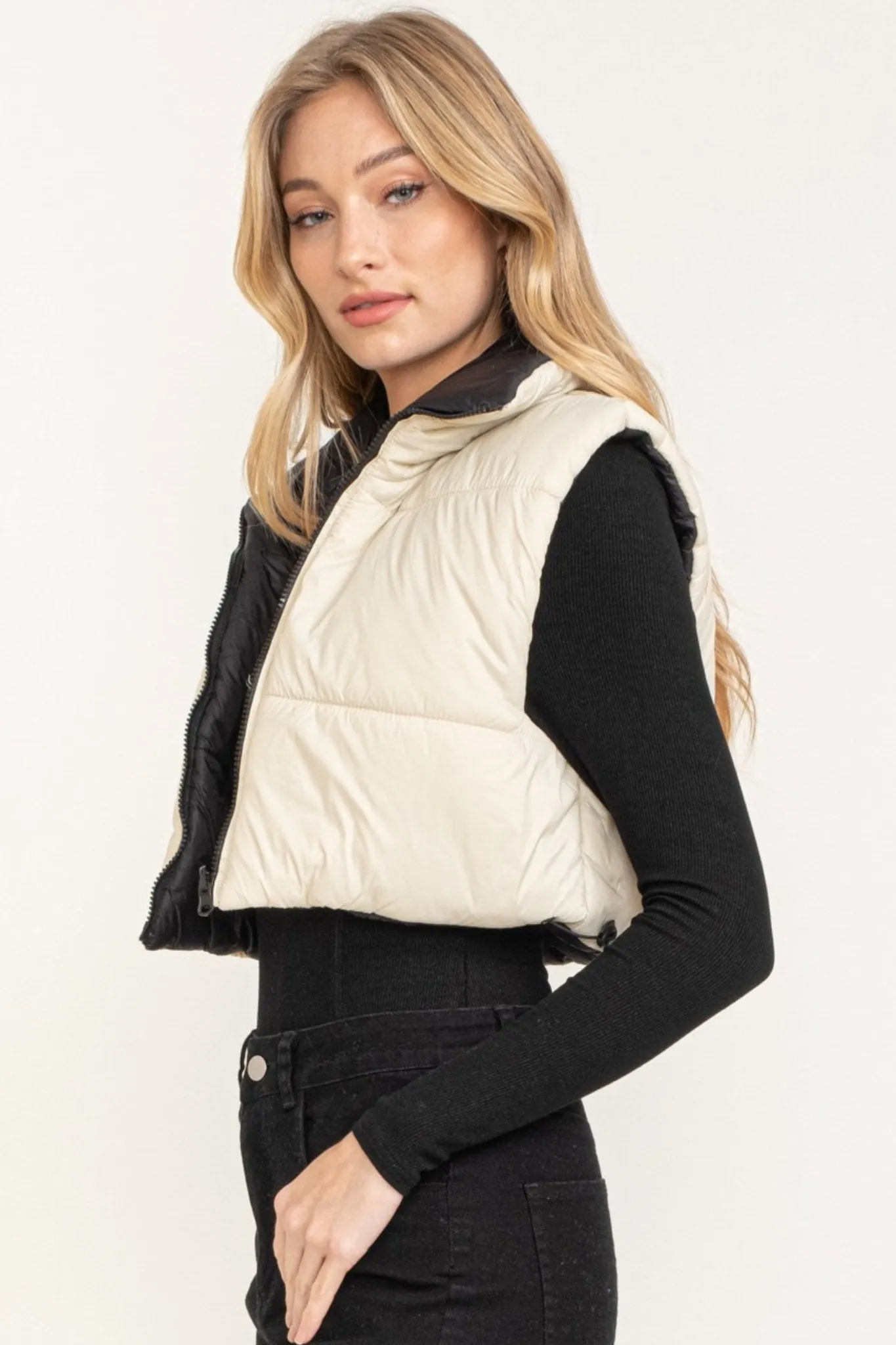 Sleeveless Puffer Vest in Light Taupe
