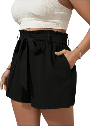SOLY HUX Women's Plus Size Casual Summer Shorts Ruffle Belted Elastic Waist Shorts with Pockets