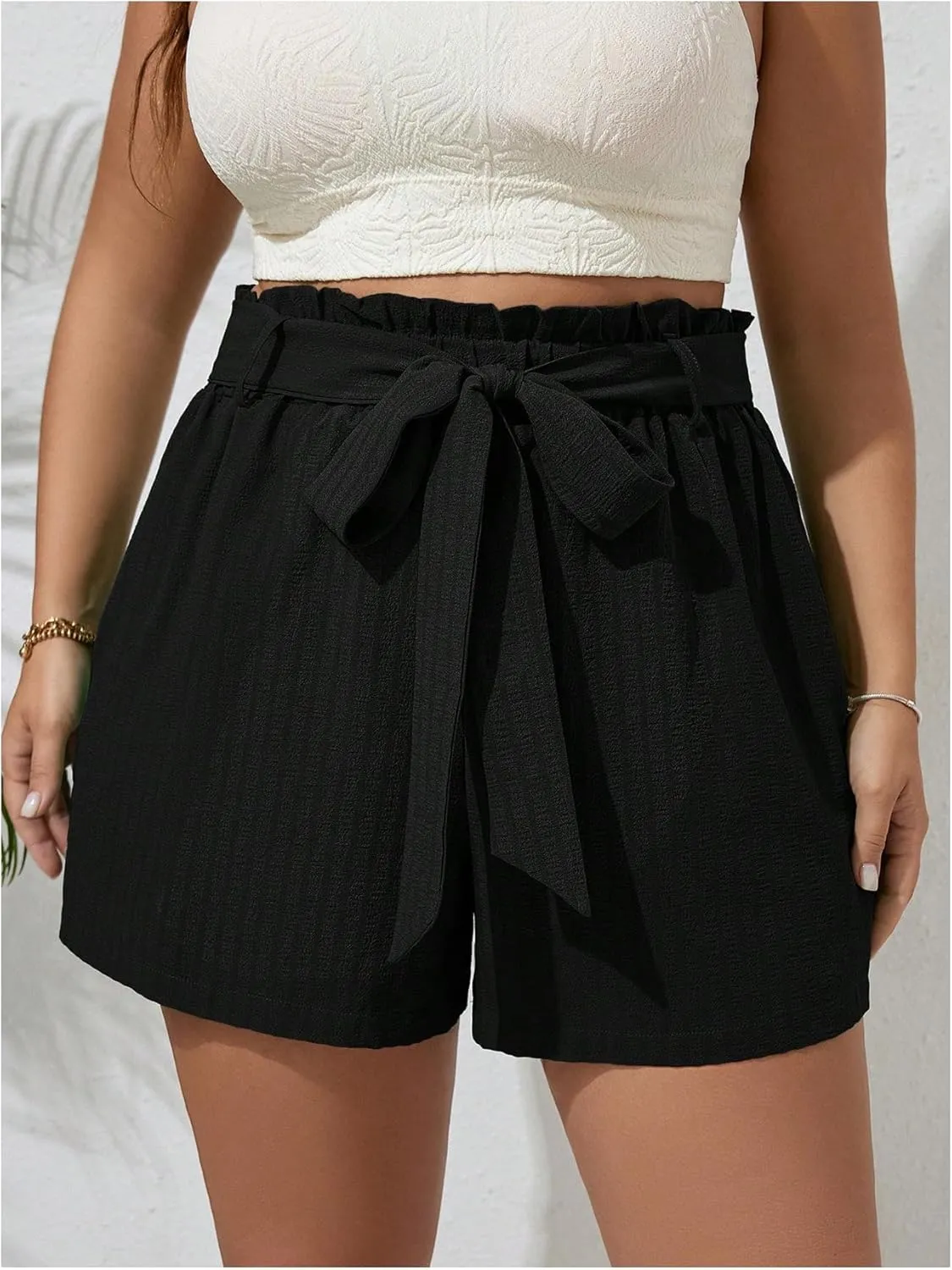 SOLY HUX Women's Plus Size Casual Summer Shorts Ruffle Belted Elastic Waist Shorts with Pockets