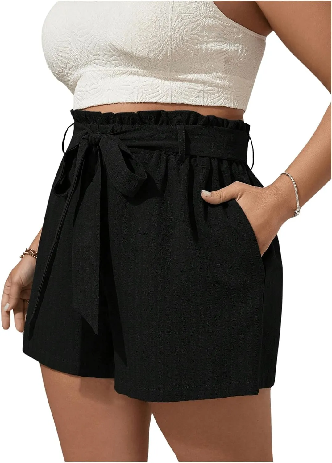 SOLY HUX Women's Plus Size Casual Summer Shorts Ruffle Belted Elastic Waist Shorts with Pockets