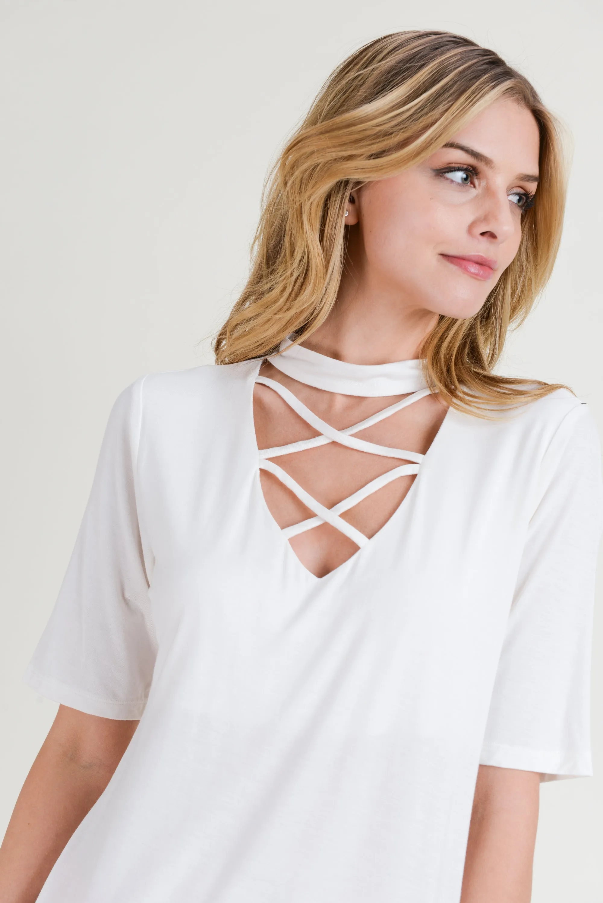 Strappy Choker Neck Detail Short Sleeve Top
