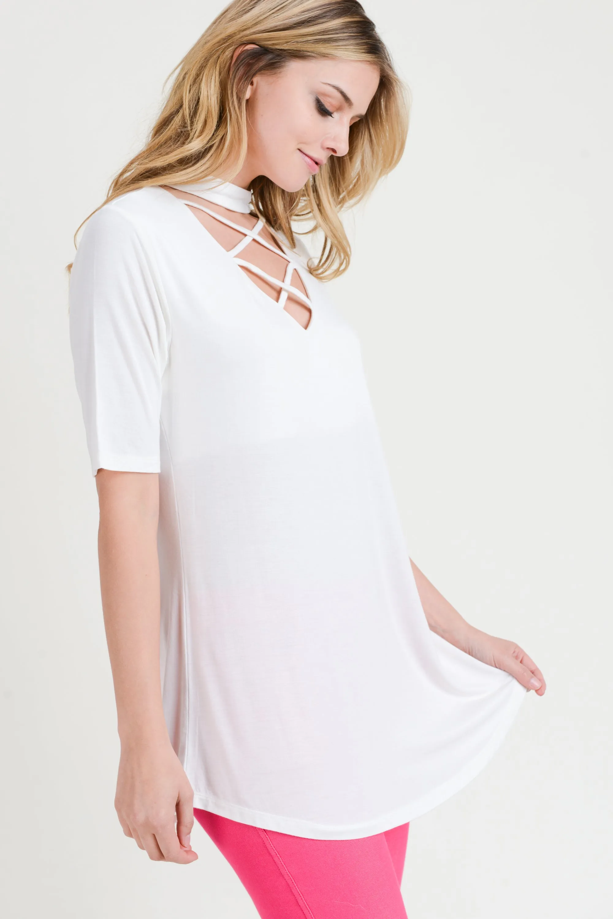 Strappy Choker Neck Detail Short Sleeve Top