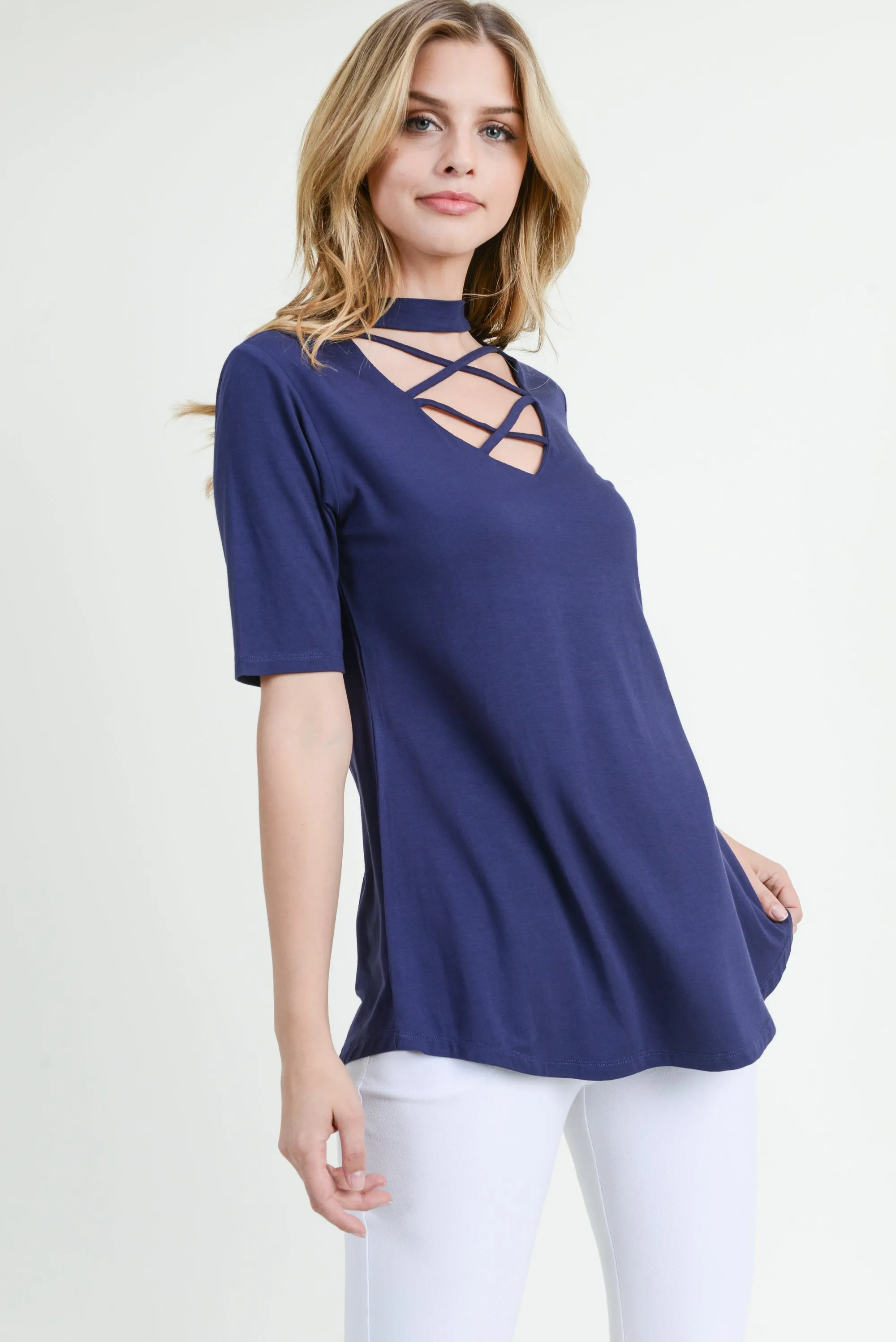 Strappy Choker Neck Detail Short Sleeve Top