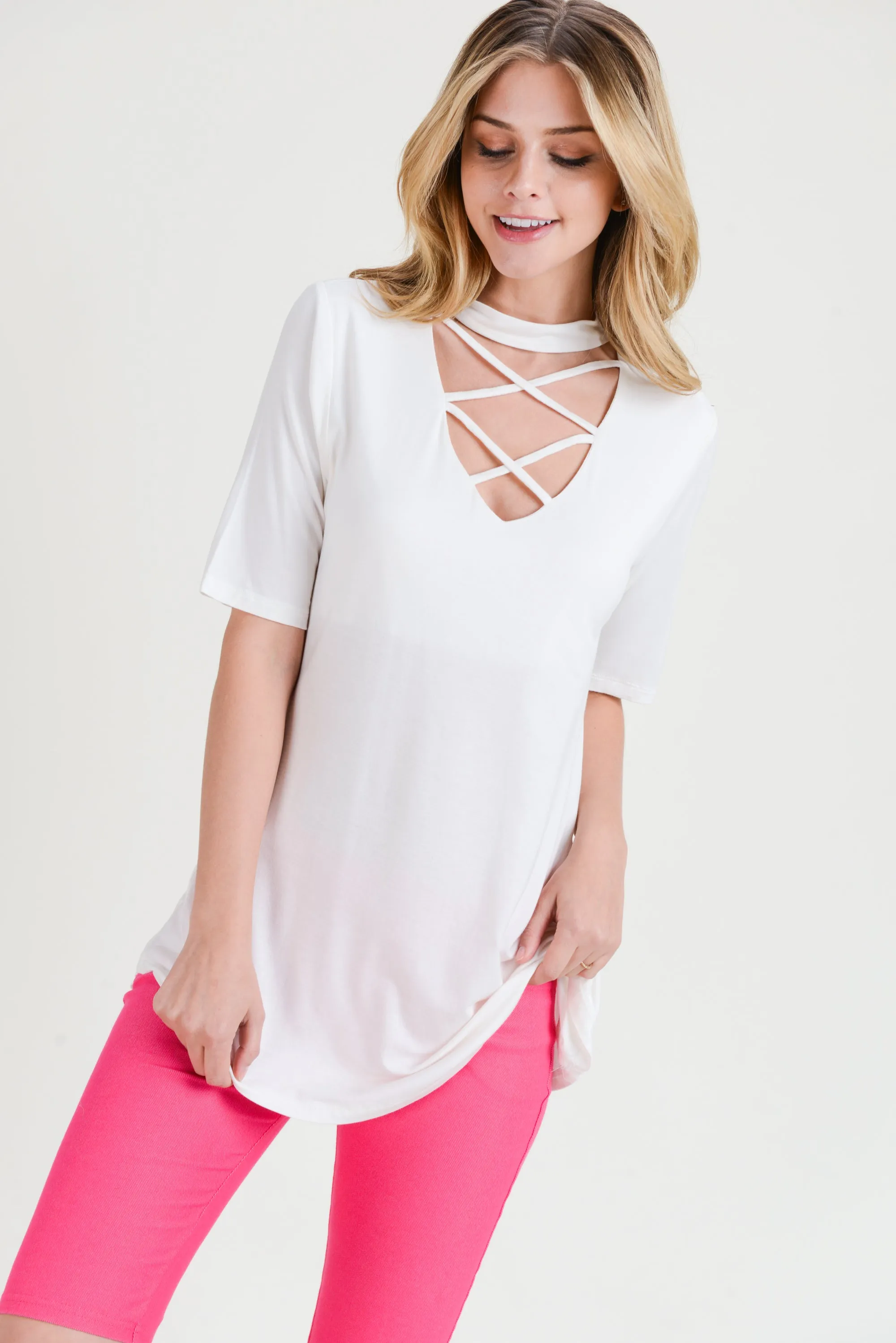 Strappy Choker Neck Detail Short Sleeve Top