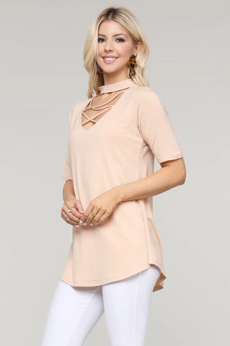 Strappy Choker Neck Detail Short Sleeve Top