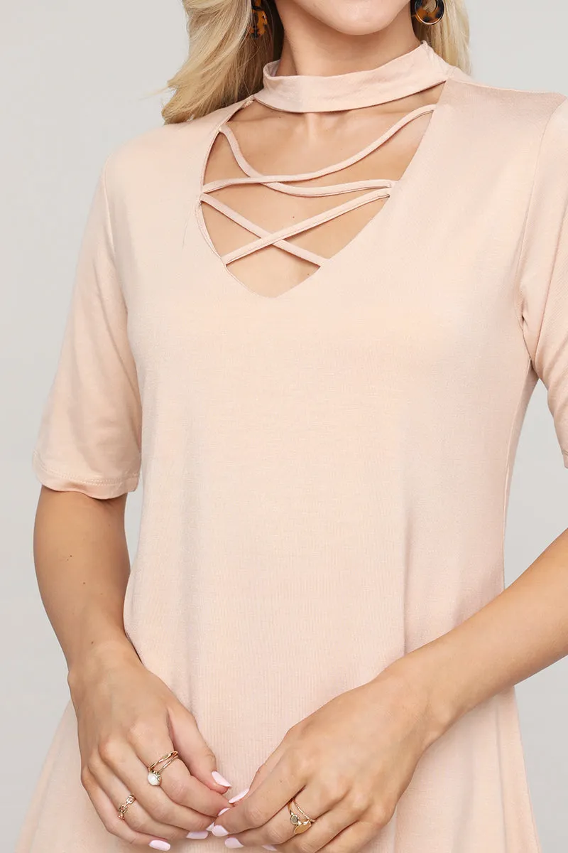 Strappy Choker Neck Detail Short Sleeve Top