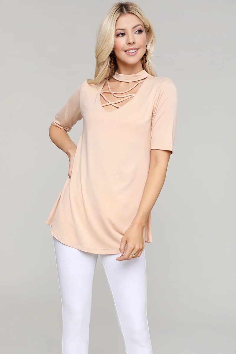 Strappy Choker Neck Detail Short Sleeve Top
