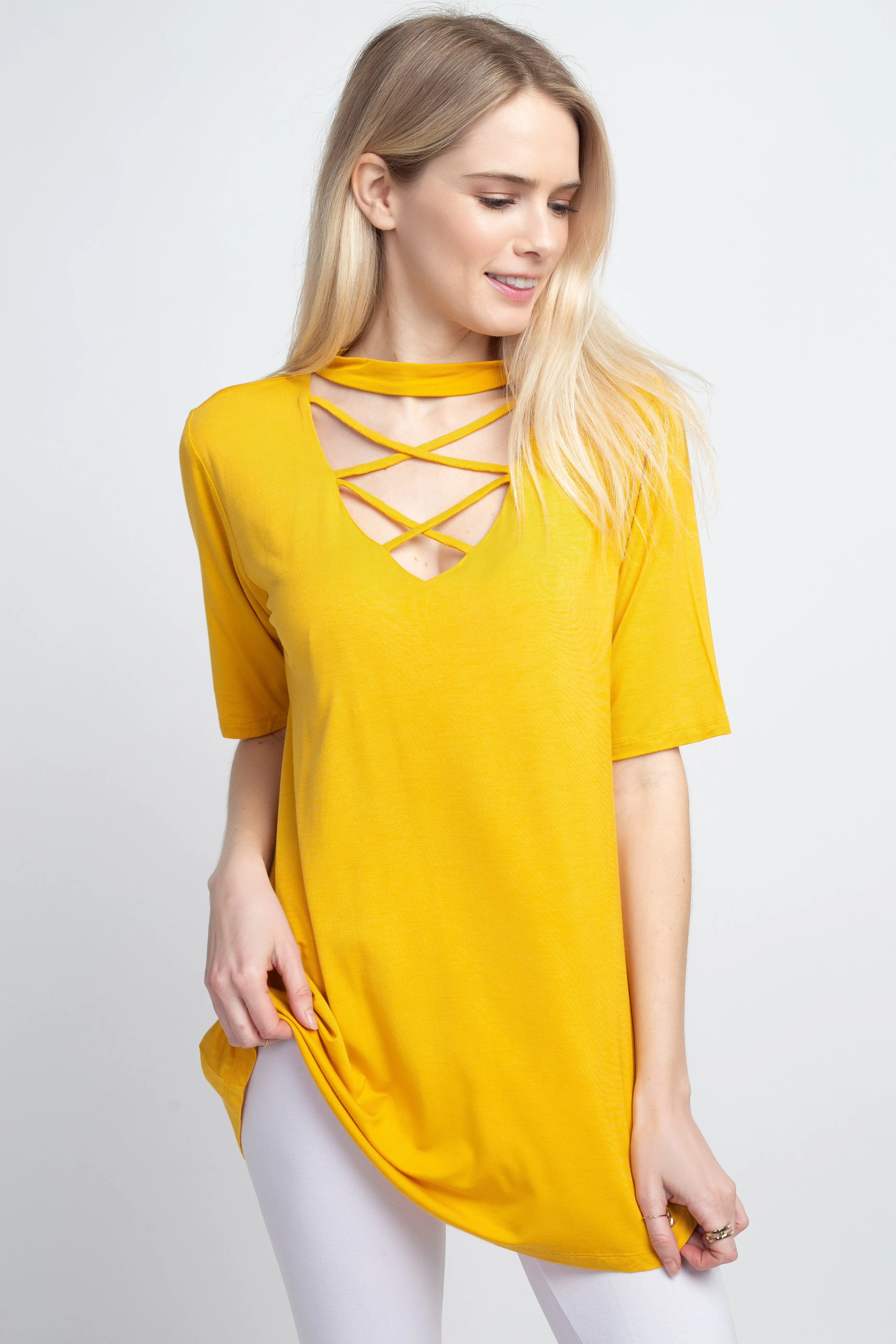 Strappy Choker Neck Detail Short Sleeve Top