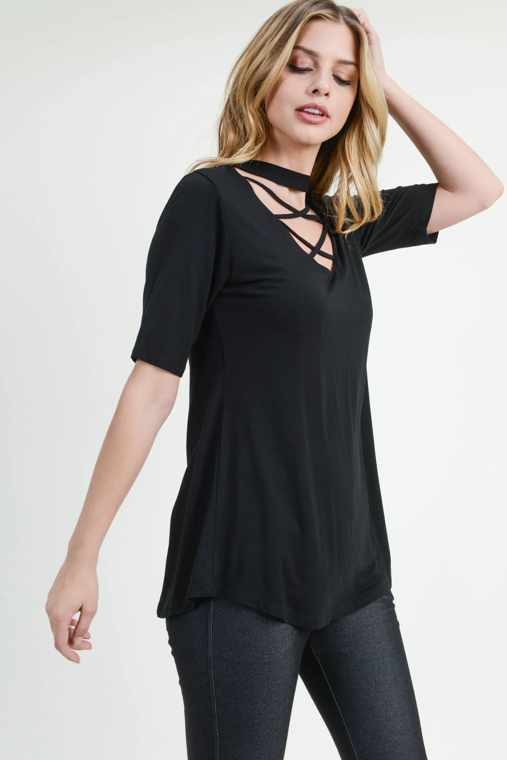 Strappy Choker Neck Detail Short Sleeve Top