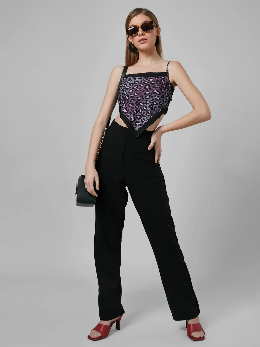 Style Quotient Women Purple And Multi Animal Printed Polyester Crop Smart Casual Handkerchief Top