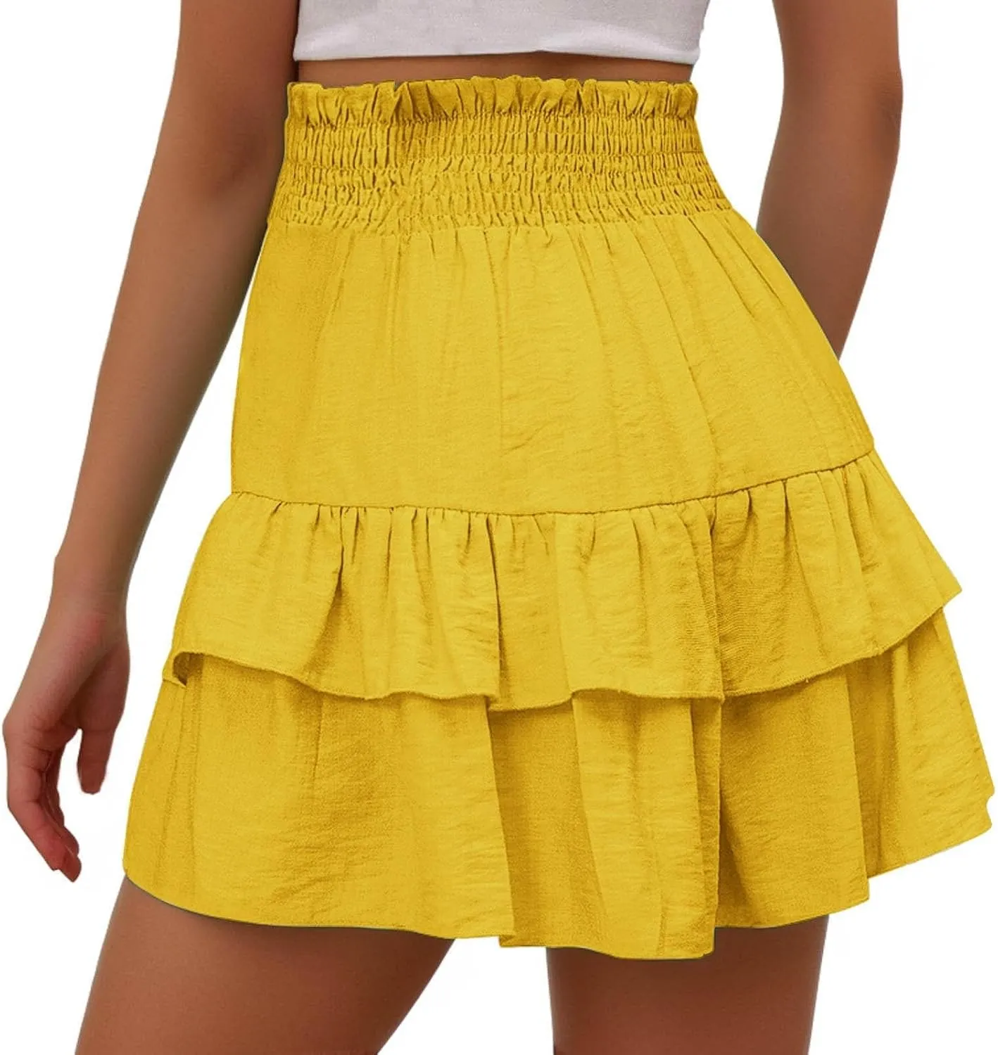 Summer Shorts for Women 2024 Elastic High Waisted Pleated Ruffle Mini Skirts Cute Beach Vacation Flowy Shorts Skorts