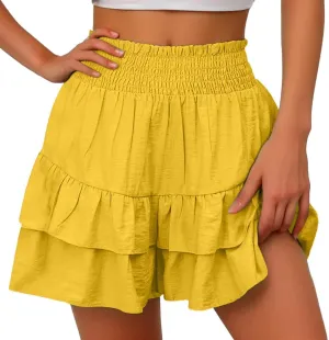 Summer Shorts for Women 2024 Elastic High Waisted Pleated Ruffle Mini Skirts Cute Beach Vacation Flowy Shorts Skorts