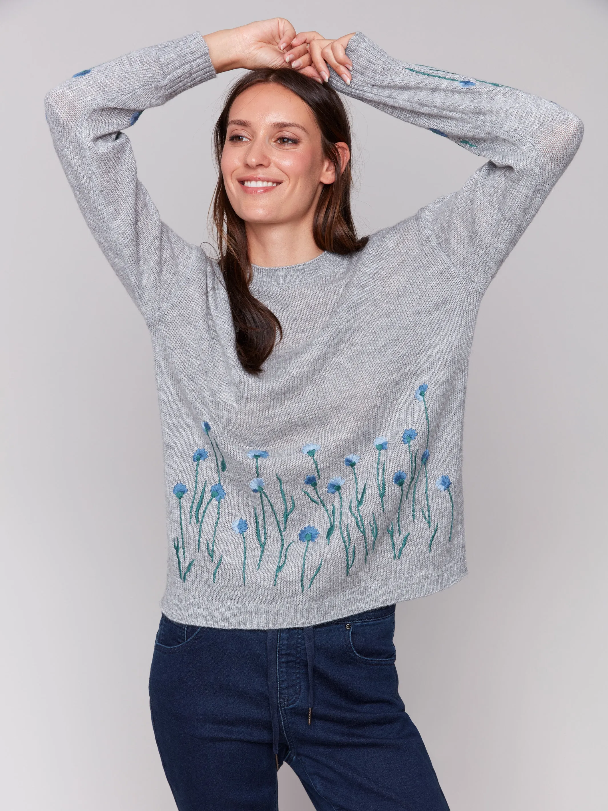 Sweater With Embroidered Flowers - Grey - H-Grey