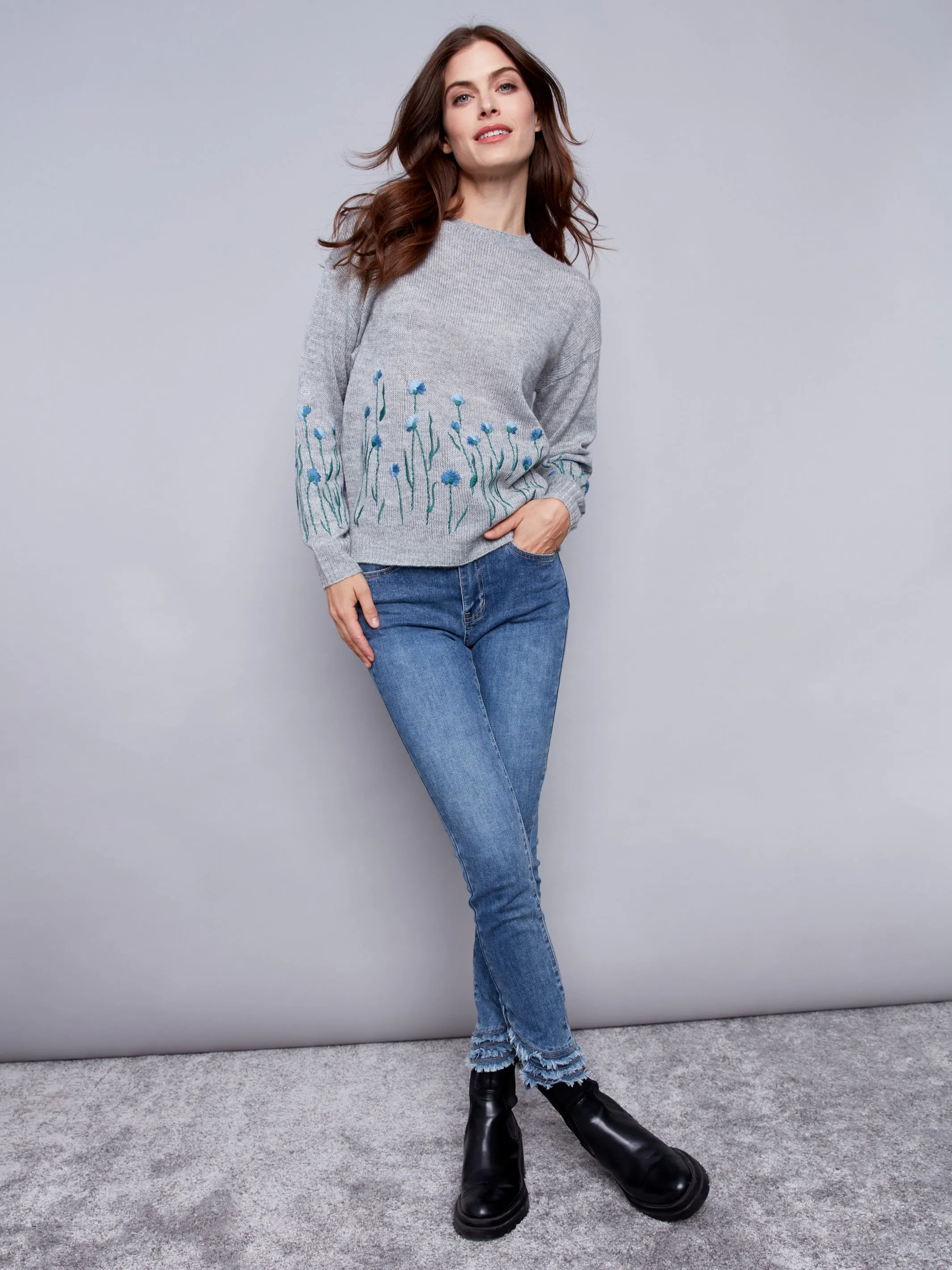 Sweater With Embroidered Flowers - Grey - H-Grey