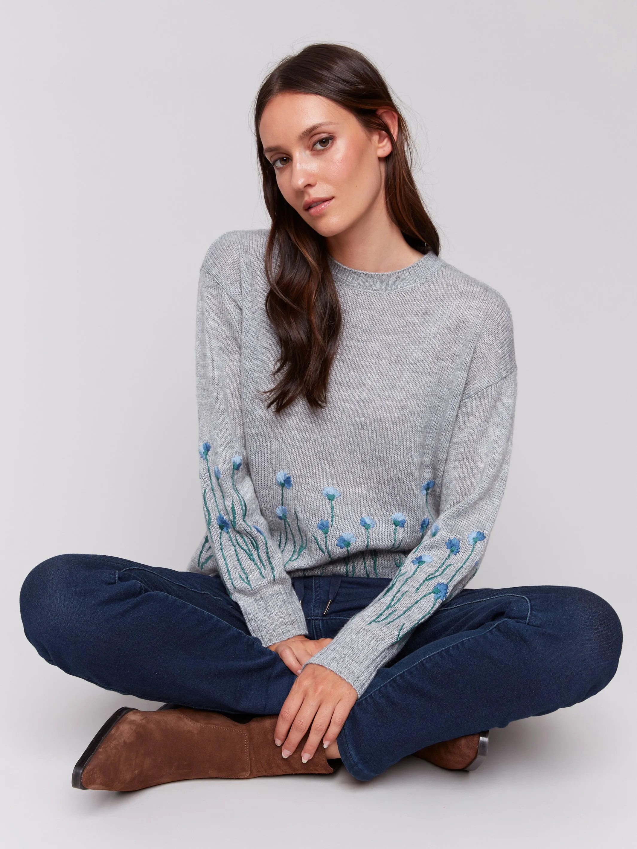 Sweater With Embroidered Flowers - Grey - H-Grey